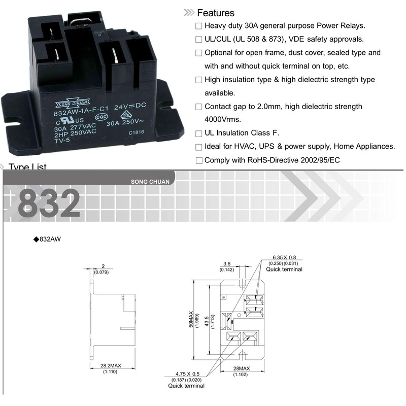 Song Chuan 832AW-1A-F-C1, 24VDC Relay, 240 VAC, 30A General Purpose