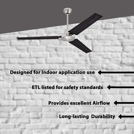 Ciata Lighting Industrial 56 Inch Three Blade Indoor Ceiling Fan, with Black Steel Blades in Brushed Nickel Finish