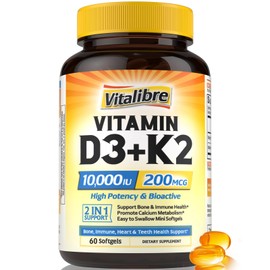 Vitalibre Vitamin D3 K2 Supplement, 10000 IU D3 / 200 mcg K2 MK7, Calcium Absorption, Bone, Heart, Immune & Mood Support, Enhanced Absorption, No Soy, Easy to Swallow, 60 Softgels