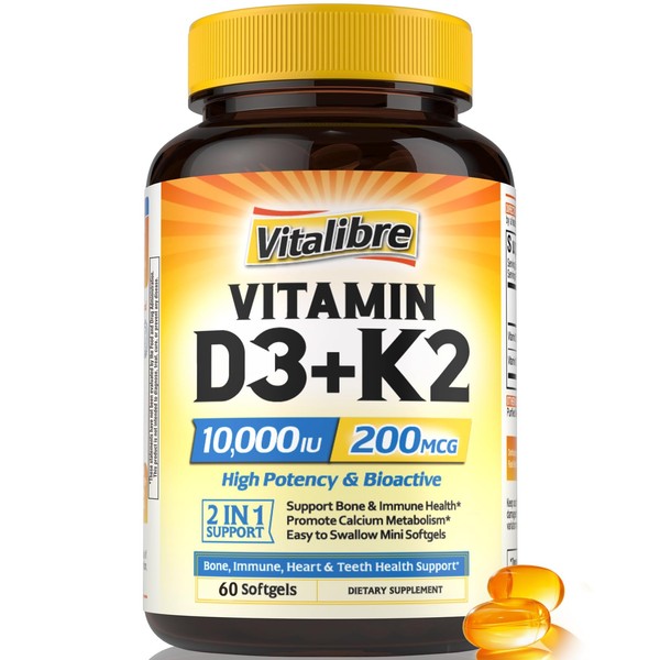 Vitalibre Vitamin D3 K2 Supplement, 10000 IU D3 / 200