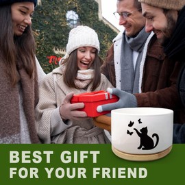 Funny Cute Cat Ceramic Planter Pot with Drainage Holes and Bamboo Tray Ideal for Succulent and Cactus Plants Decorative Indoor Home Office Gift for Cat Lovers and Plant Lovers (Plant Not Included)