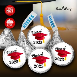 216 Graduation Party Cap Class of 2025 Kisses Stickers Labels, Grad Party Favor Decorations. Made in USA (red)