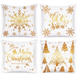 Lanpn White and Gold Christmas Cushion Covers 45x45 Set of 4, Decorative Gray Winter Snowflake Xmas Throw Covers Pillow Cases 18x18 for Home Bedroom Room Holiday Couch Decor Decorations