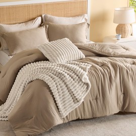 Bedsure Comforter Queen Size 5 Pieces - Queen Size Comforter Set with Fleece Throw Blanket and Decorative Pillow, Lightweiget Bedding Comforter Sets, All Season Bedding Sets, Khaki