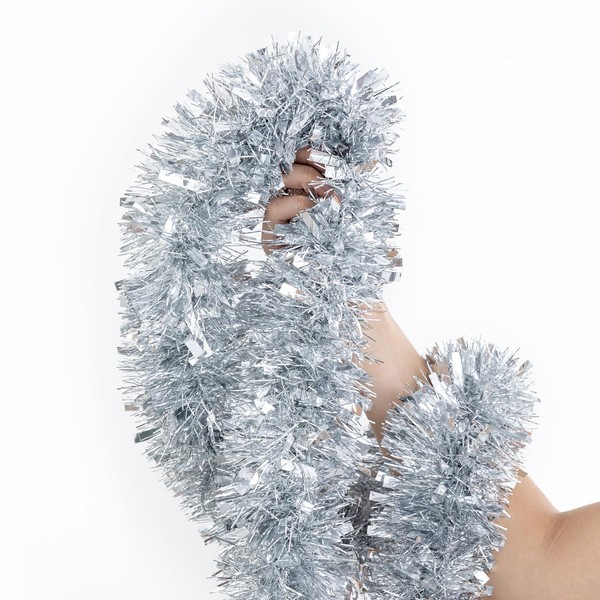 CIPOWM 50FT Christmas Tinsel Garland，Silver Metallic Twist Foil Tinsel Garland