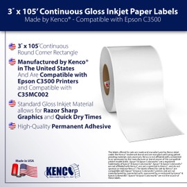 Kenco Premium Inkjet Labels, 6 Rolls Per Case - Compatible with Epson ColorWorks 3500 Series and Compatible with Epson Colorworks 4000 Series, Made by Kenco in The USA (Gloss Paper, 3" Continuous)