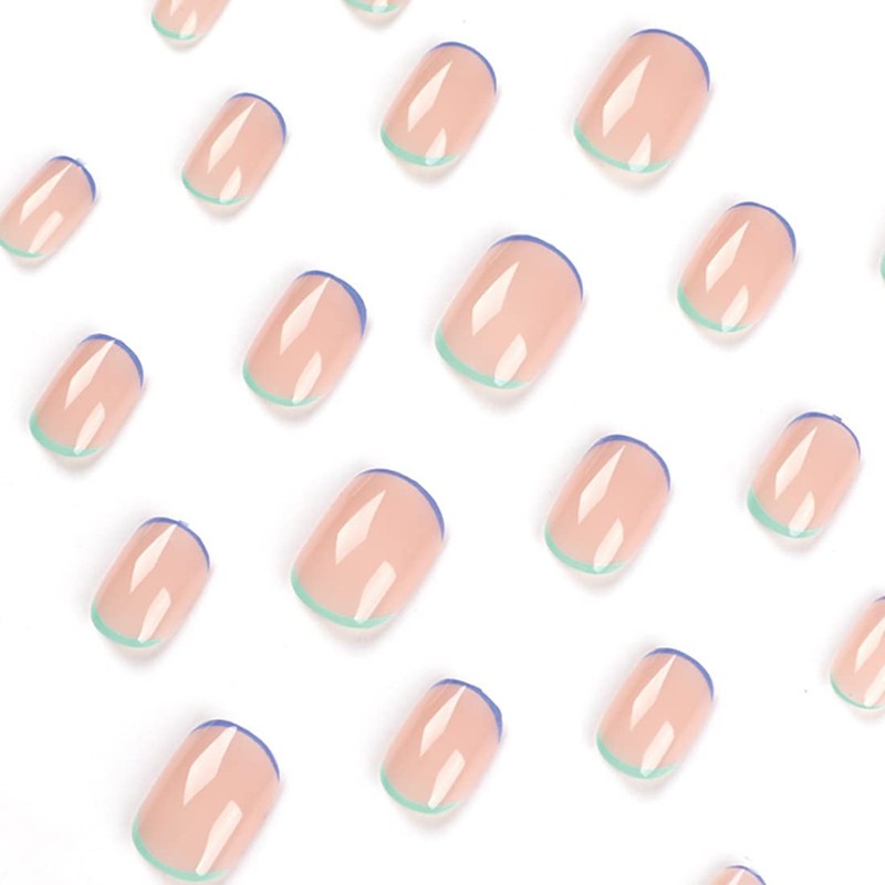 Simple French Blue Green Edge Nail Press on Nails Short