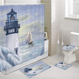 Jipusai 4PCS Set Coastal Lighthouse Shower Curtain,Blue Ocean Sailboat Nautical Shower Curtain Sets for Bathroom Bathtub Decor Accessories with Non-Slip Rugs, Toilet Lid Cover and Bath Mat