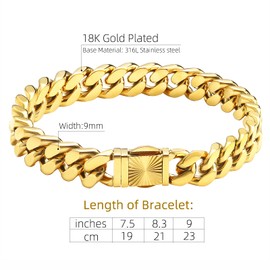 CaptainSteeL Cuban Link Chain Bracelet for Men- 316L Stainless Steel 9/10MM Width Fashion Pattern Snap Button Hip Hop Jewelry,Two Style Cuban Bracelets 18K Gold Plated/Stainless Steel with Gift Box