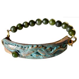 Verdigris Patina Brass Dragon Collection Narrow Rockband Bracelet - Nephrite Jade