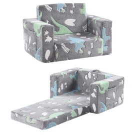 Givjoy Toddler Chair Kids Couch, 2-in-1 Toddler Soft Sherpa Couch Fold Out Armchair with Removable Cover, Convertible Reading Chair Toddler Sofa for Kids, Glow in The Dark Plush Grey Dinosaur
