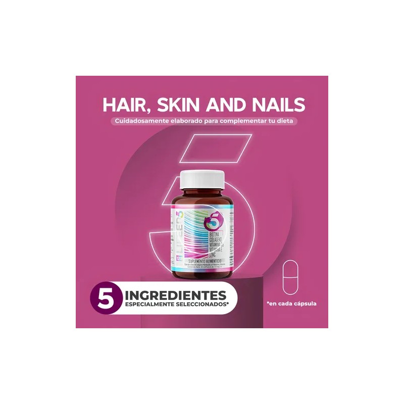 Biotina Colágeno Hidrolizado Vitamina E y B5 Zinc 120 Cápsulas
