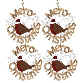 by Robelli Shabby Chic Wooden Christmas Tree Hanging Pendant Baubles Decorations (4 x 14cm Xmas Robin Wreath)