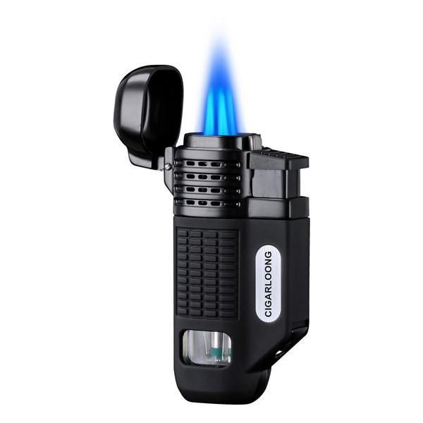 CIGARLOONG Cigar Lighter 4 Jet Torch Blue Flames Refillable Butane Torch Lighter with Cigar Punch (Color:Black)