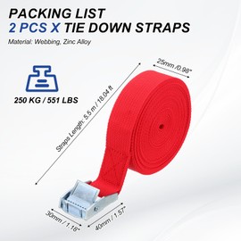 PATIKIL 1" x 18 ft Lashing Strap with Buckles, 2 Pcs Cam Buckle Tie Down Straps Adjustable Heavy Duty Secure Cinch Straps Up to 551 lbs for Cargo Kayak Bicycles, Red
