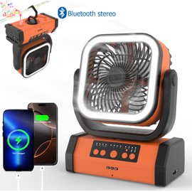 YEZUMOON 30000wAh LED Camping Fan with Remote, 4 Speeds, USB-C Charging, Timer,automatic oscillation, Hanging Hook,Ideal for camping, power outages and hurricanes (Orange with Bluetooth-3w)