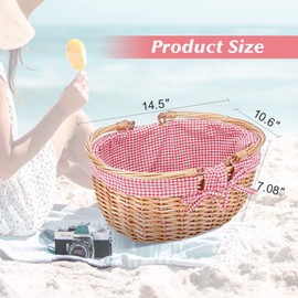 G GOOD GAIN Wicker Picnic Basket with Double Folding Handles,Willow Picnic hamper,Natural Hand Woven Easter Basket,Easter Eggs and Candy Basket,Bath Toy and Toy Storage,Gift Packing basket.Red