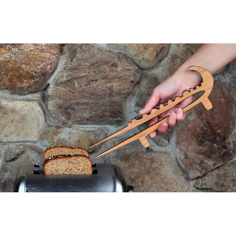 Crocodile Toaster Tongs and Oven Rack Pull, Solid Cherry Wood