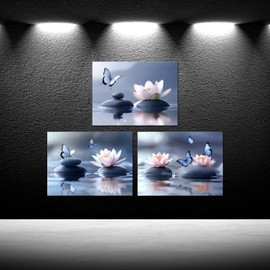 iKNOW FOTO Zen Lotus Flower Canvas Wall Art - 3pcs Calming Spa Decor with Stones and Butterfly - Water Lily Modern Artwork for Bathroom, Yoga Studio, Meditation, or Living Room - 12x16 Each