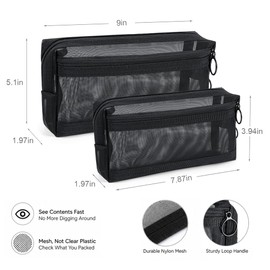 besharppin 2pcs Mesh Cosmetic Bags, Wide Open Zipper Mesh Makeup bags Set, 2 Pocket Mesh Makeup Pouches with Zipper, Travel Essentials Beauty Bag Set (Black)
