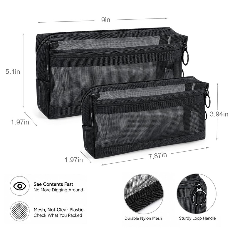 besharppin 2pcs Mesh Cosmetic Bags, Wide Open Zipper Mesh Makeup