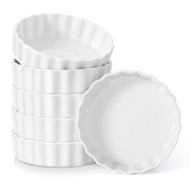 LOVECASA Porcelain Ramekins 8 Oz Oven Safe Set of 6 - Shallow Creme Brulee Dishes for Baking, Soufflés, Custards, Fluted Quiche Pans, Chip-Resistant & Stackable, White