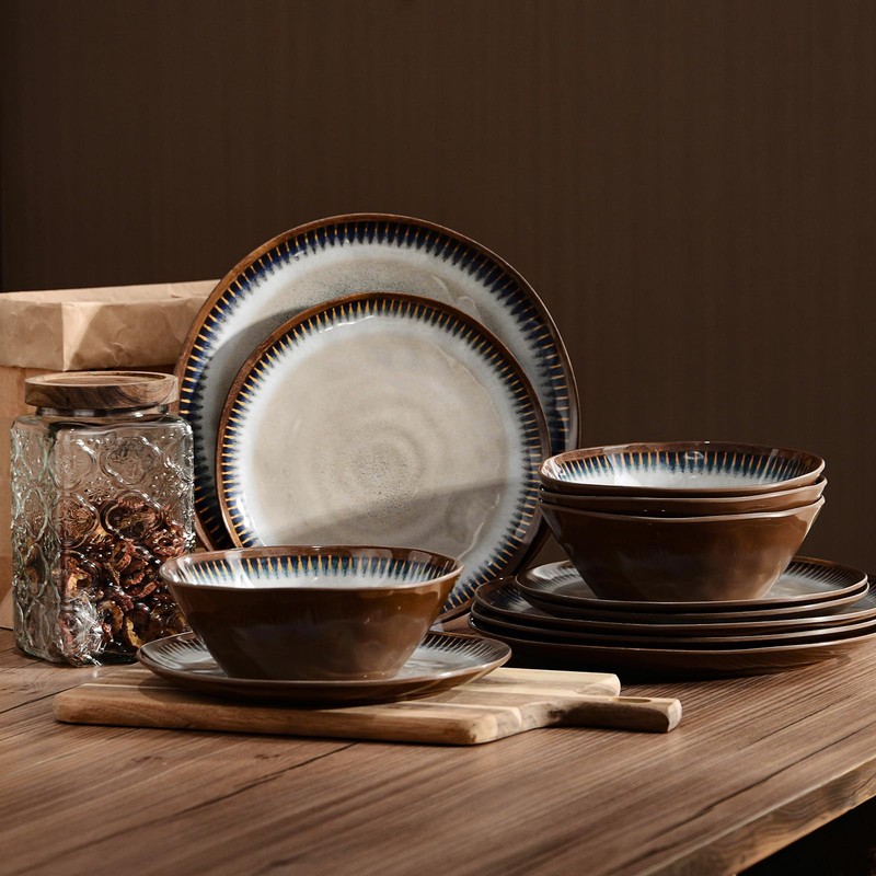 Gufaith Melamine Dinnerware Set, 12 Pcs Dishware Sets, Plate and