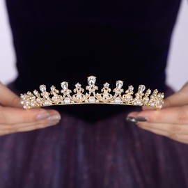Teyglen Gold Crystal Wedding Tiara Baroque Queen Crown Headband Elegant Princess Rhinestone Tiara Bridal Hair Accessories for Women Brithday Party Prom Pageant (Gold)