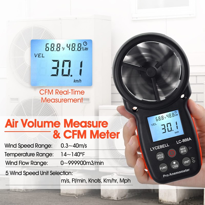 LYCEBELL LC-866A Handheld HVAC Anemometer, Pro Digital Wind Speed for