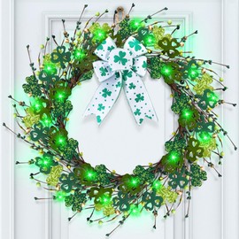 Enhon St. Patrick's Day Decorations, 16in St. Patrick's Day Wreath for Front Door, Lighted Shamrock Clover Wreath with Bow & LED Lights, Waterproof Artificial Spring Decor for Home Porch Wall