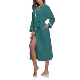 EA'S SECRET 100% Cotton Robes for Women Lightweight Long Kimono Bathrobe Soft Ladies Loungewear with Pockets(Green,XL)