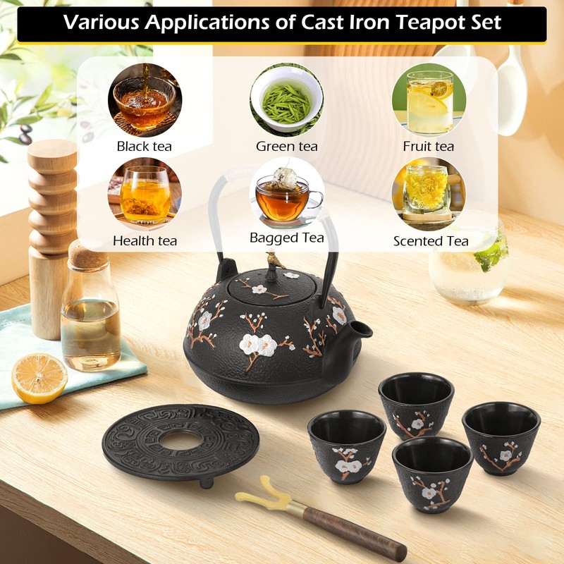 Dyna-Living Cast Iron Teapot Japanese Tea Kettle Set 1200ml/40.6oz Japanese
