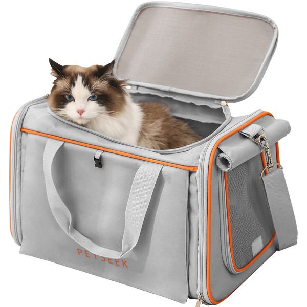 Petseek Large Cat Carrier, 21Lbs Load Bearing 18" Airline Approved Pet Carrier, Soft Sided Foldable Cat Carrier Pet Travel Carrier for Cats Dogs Puppy Comfort Portable Vehicle Pet Bag, Light Grey