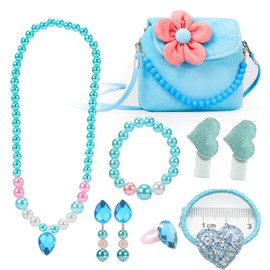 Jewelry Plush Handbag Necklace Bracelet Earrings Ring Hair Clips Set, Princess Costume Jewelry Party Favors for Dress up Pretend Play