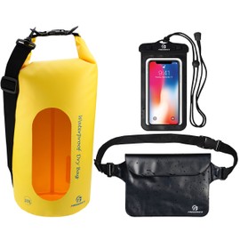 Freegrace - Juego de 3 bolsas secas impermeables con 2 cierres de cierre y correa de hombro desmontable, bolsa de cintura y funda para teléfono, se pueden sumergir en agua, para natación (amarillo