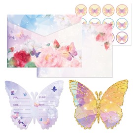 Birthday Invitations, 12 Pack Glitter Butterfly Invitations with Envelopes, Party Invitation Butterfly Stickers Butterfly Party Supplies Blank Birthday Invites Cards for Girls Birthday Party