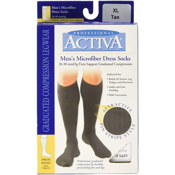 Activa Men's 20-30 mmHg Microfiber Dress Socks, Tan, X-Large