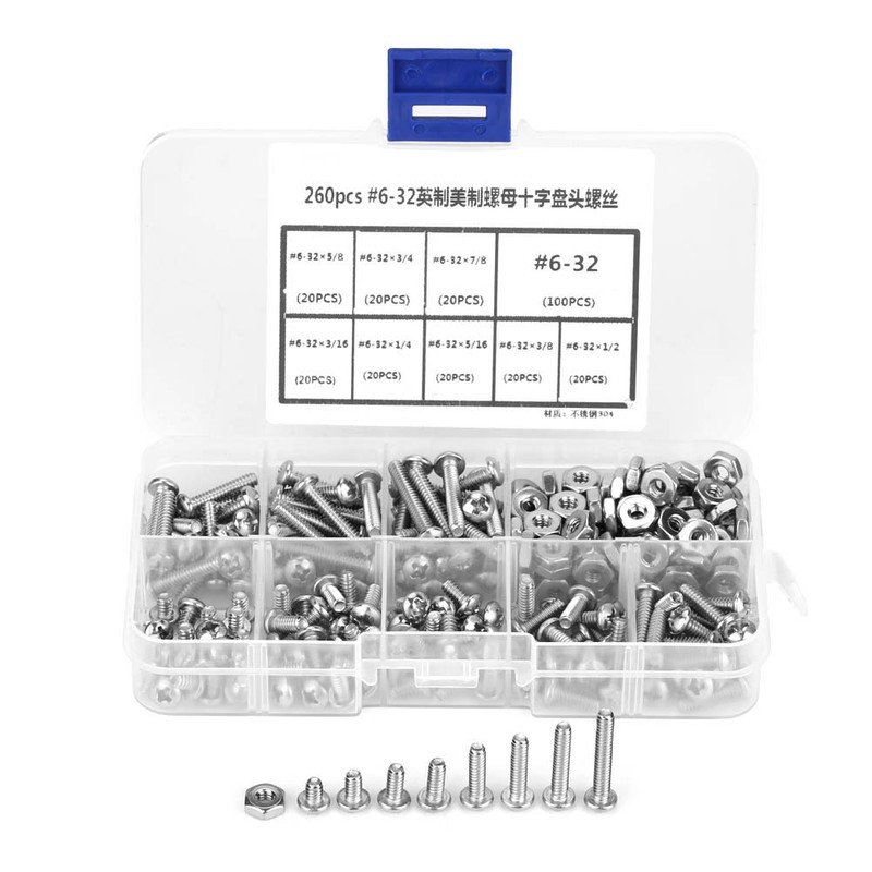 260pcs /set #6-32 Stainless Steel Cross Pan Head Machine Screws