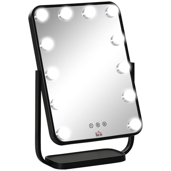 HOMCOM Hollywood Illuminated Touch LED Make-Up Mirror – 3 Lighting Modes, Tilting, Adapter – Metal Black Glass