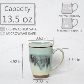 Bosmarlin Ceramic Tea Cup with Infuser and Lid, 13.5 Oz, Loose Leaf Tea Steeper Mug with Strainer, Microwave and Dishwasher Safe, Reactive Glaze (13.5 Oz, Turquoise Green Light)