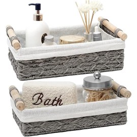 Round Paper Rope Storage Basket, Wicker Baskets for Organizing with Handle, Decorative Bins for Countertop, Toilet Paper Basket for Toilet Tank Top, Small Baskets Set (Set of 2,Beige) - Color: Grey