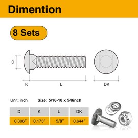 8Pcs Carriage Bolts 5/16-18x5/8 Inch, 304 Stainless Steel Full Thread with Round Head Square Neck, Hex Nuts & Washers for Woodworking, Furniture, and Outdoor Projects