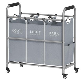 Tajsoon 3 Bag Laundry Sorter Cart, Laundry Hamper Sorter Basket with Heavy Duty Lockable Rolling Wheels for Clothes Storage, Grey & White
