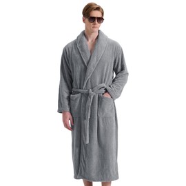 PJGGZ Men's Shawl Collar Bathrobe, Soft Long Towel Robe for Men - Super Absorbent Quick Dry yet Warm(Grey, L/XL)