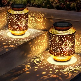 Solar Lanterns Outdoor Garden Decor, Metal Sun Moon Decor Lanterns Birthday Gifts for Women Mom Grandma, Waterproof Hanging Outdoor Solar Lights for Patio, Yard, Lawn, Landscape