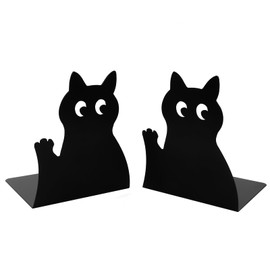 1 Pair Metal Black Cat Bookends,Cute Cartoon Animal Kitten Nonskid Thickening Iron Book End Bookends Desk Organizer Holder for Kid Book Shelves Divider Library School Office Home Décor (Hands Up)