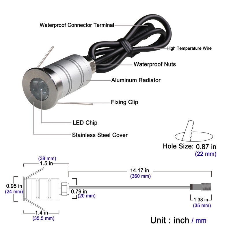 CNBRIGHTER LED In-Ground Well Light,Mini 15° Narrow Beam Angle Spotlight,1W