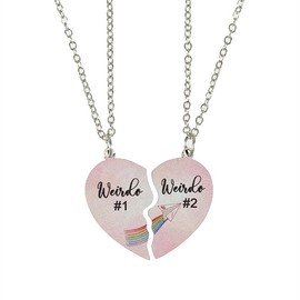 RFTWXHPN Women's Girls Best Friend BFF Matching Heart Necklace - Weirdo 1 & 2 - Purple & Pink Amethyst - Zinc - Classic Style - 18.7 inches