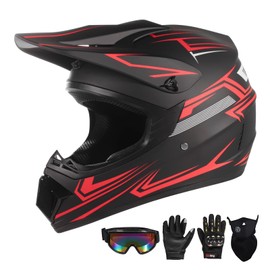 Youth Motocross Kids Dirt Bike Helmets ATV Bump Safty Full Face Motorcycle Helmet Off-Road Mountain Bike Helmet with Goggles Gloves Mask DOT Approved (Red, X-Large)