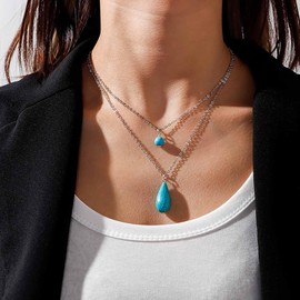 Inateannal Boho Layered Turquoise Pendant Necklace Gold Turquoise Choker Necklace Teardrop Turquoise Chain Necklace Blue Stone Pearl Necklace Jewellery for Women Girls, Zinc, No Gemstone